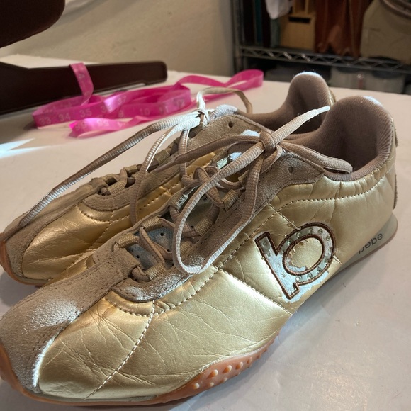 Bebe Sport Womens 9.5 Sneakers Gold Leather W/ suede Details & Rhinestones on B - Picture 3 of 16